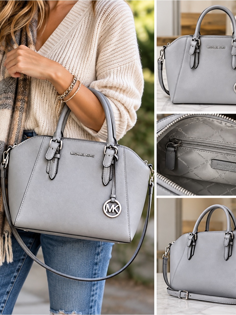 MICHAEL KORS Light Gray Saffiano Leather Satchel with MK Charm